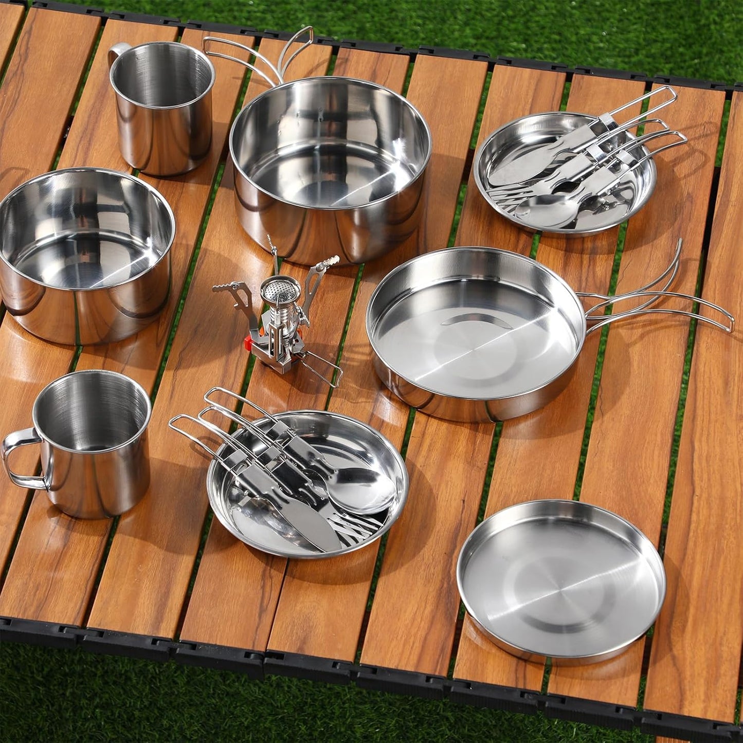 15 Pcs Camp Cooking Set Stainless Steel Camping Cookware Mess Kit with Pot Pan and Stove 2 Set Stainless Steel Cups Plates Forks Knives Spoons for Camping Backpacking Outdoor Cooking Picnic