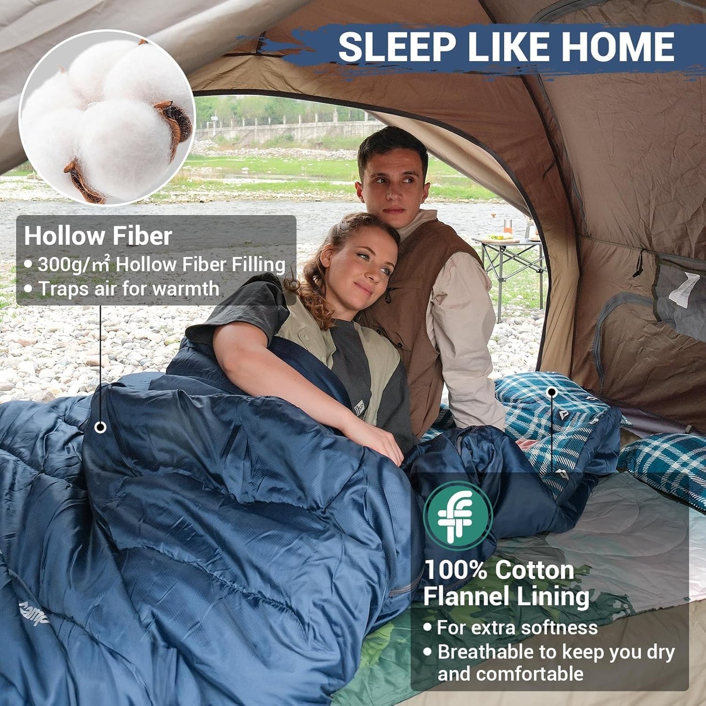 KingCamp Double Sleeping Bag for Adults, Queen Size 2 Person XXL Flannel Sleeping Bag, Waterproof Lightweight Flannel Quilt with 2 Pillows, Perfect for Couples Family Camping Hiking