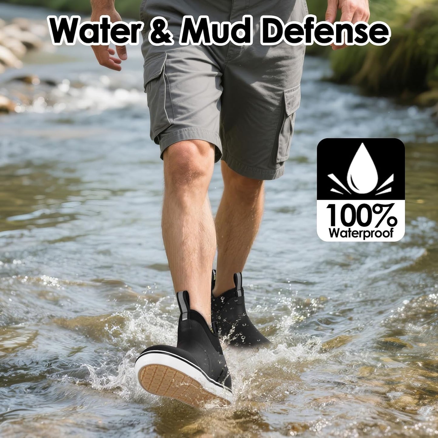 Kalkal Men's Deck Boots, Waterproof Fishing Rain Boots with High Traction, Men's Rubber Boots For Gardening Fishing Boating Camping Sailing