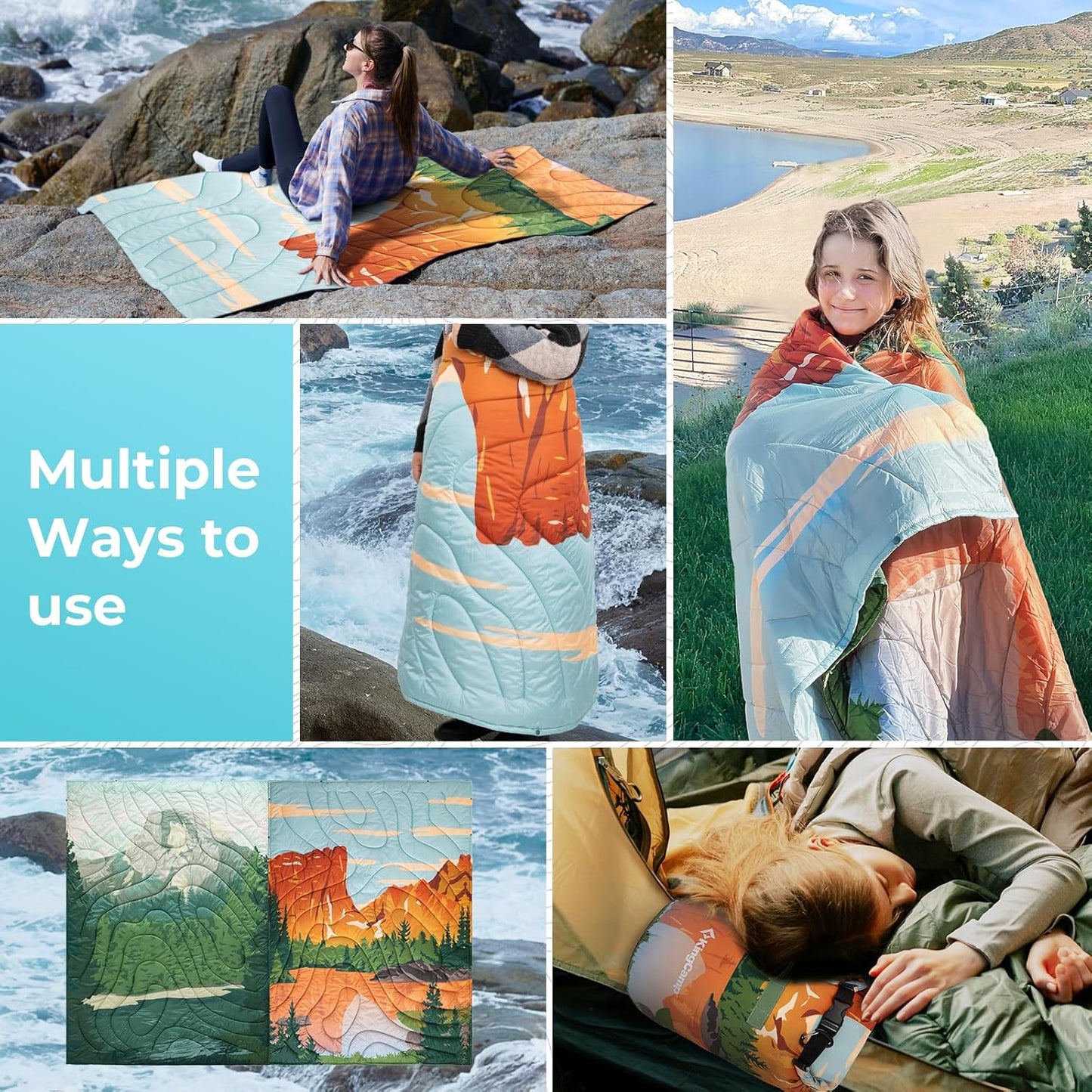 KingCamp Ultralight Camping Blanket, Packable Down Alternative Puffy Printed Wearable Blanket with Snap Buttons & Corner Loops Weatherproof Quilt for Outdoor Travel Stadium (79"L x 57"W, ORANGE/BLUE)