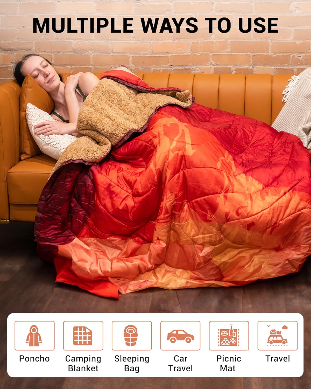 KingCamp Large Camping Blanket with Sherpa Lining, Packable Down Alternative Puffy Printed Wearable Blanket with Snap Buttons, Warm Weatherproof Quilt for Outdoor Travel (79" L x 57" W, Orange)