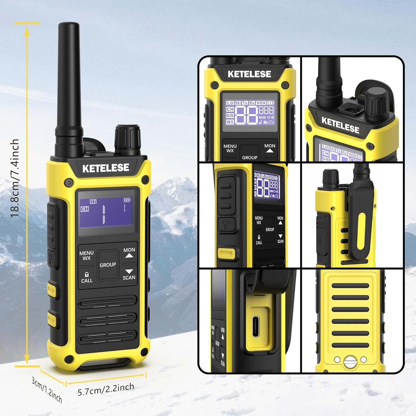 KETELESE T3F IP67 Waterproof Walkie Talkies, Rugged Two Way Radio with Earpiece, Triple Proof, Three Charging Options, FRS 2 Way Radio, NOAA, VOX (6 Pack), Black/Yellow