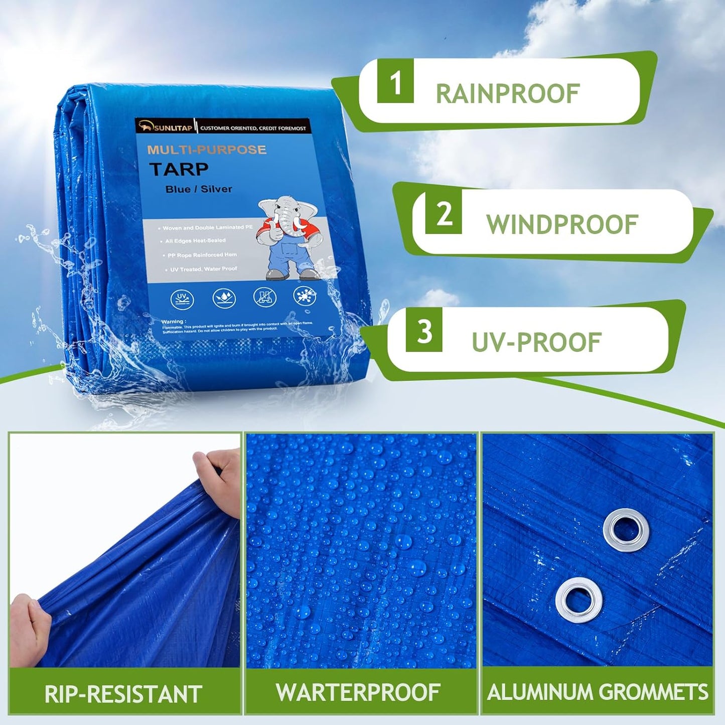 10x12Ft Tarp Cover 5 MIL Waterproof Poly Tarps, Light Duty Tarpaulin with Grommets, Reinforced Edges, Rip & Tear Proof, Multipurpose Finished Size Tarp for Cars, Boat, Roof, Camping - Blue