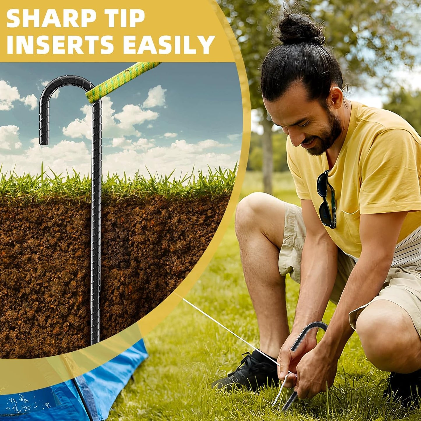 12 Inch Rebar Stakes, 8 Pack J Hook Heavy Duty Ground Stakes for Canopy Tent Trampoline and Chain Link Fence Rust Proof Coated Steel Ground Stakes Ground Anchors (Black)