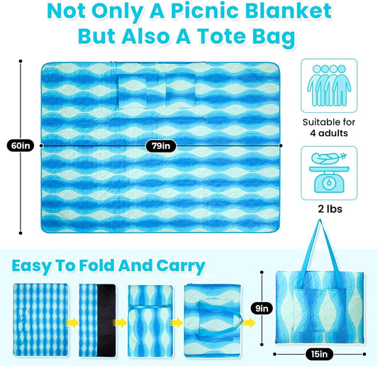 #WEJOY 3 in 1 Outdoor Picnic Blanket, Padded 3 Layers Beach Blanket, 80x60'', 4 Person, Easy to Fold, Waterproof for Lawn,Camping, Park (Blue)