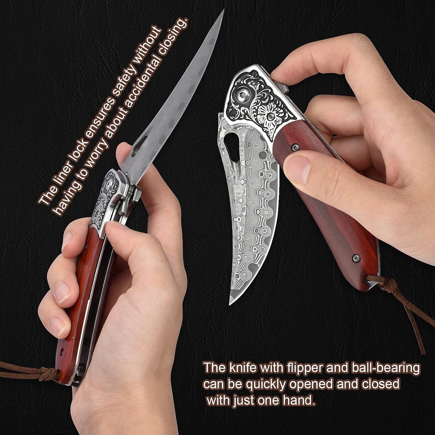 KOMWERO Damascus Pocket Knife for Men Women, Sharp VG10 Core Damascus Steel Knife for Outdoor Camping Survival Hunting - Wood Handle, Ball Bearing, Leather Sheath, Liner Lock