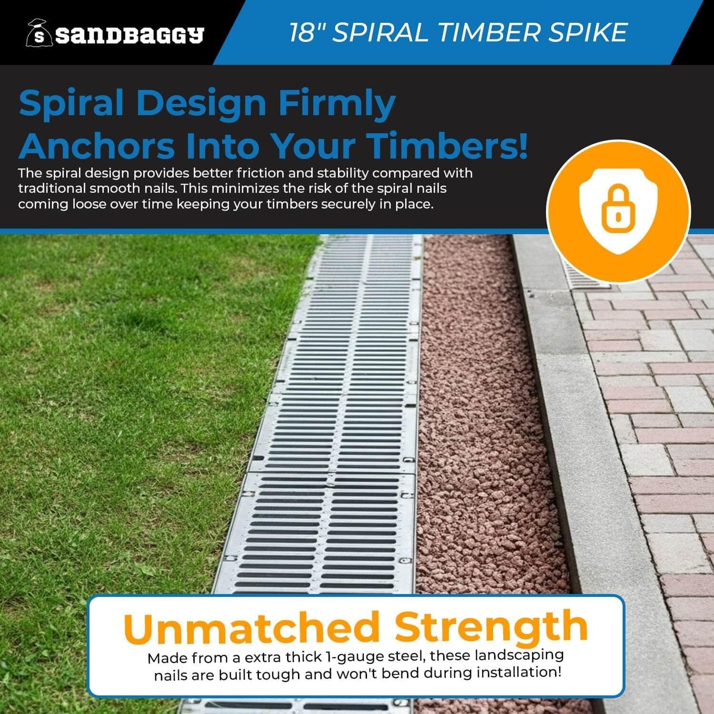 18" Spiral Landscape Timber Spikes - Galvanized Steel Nails - 1 Gauge Steel - Sandbaggy (18 inch, 300, Count)