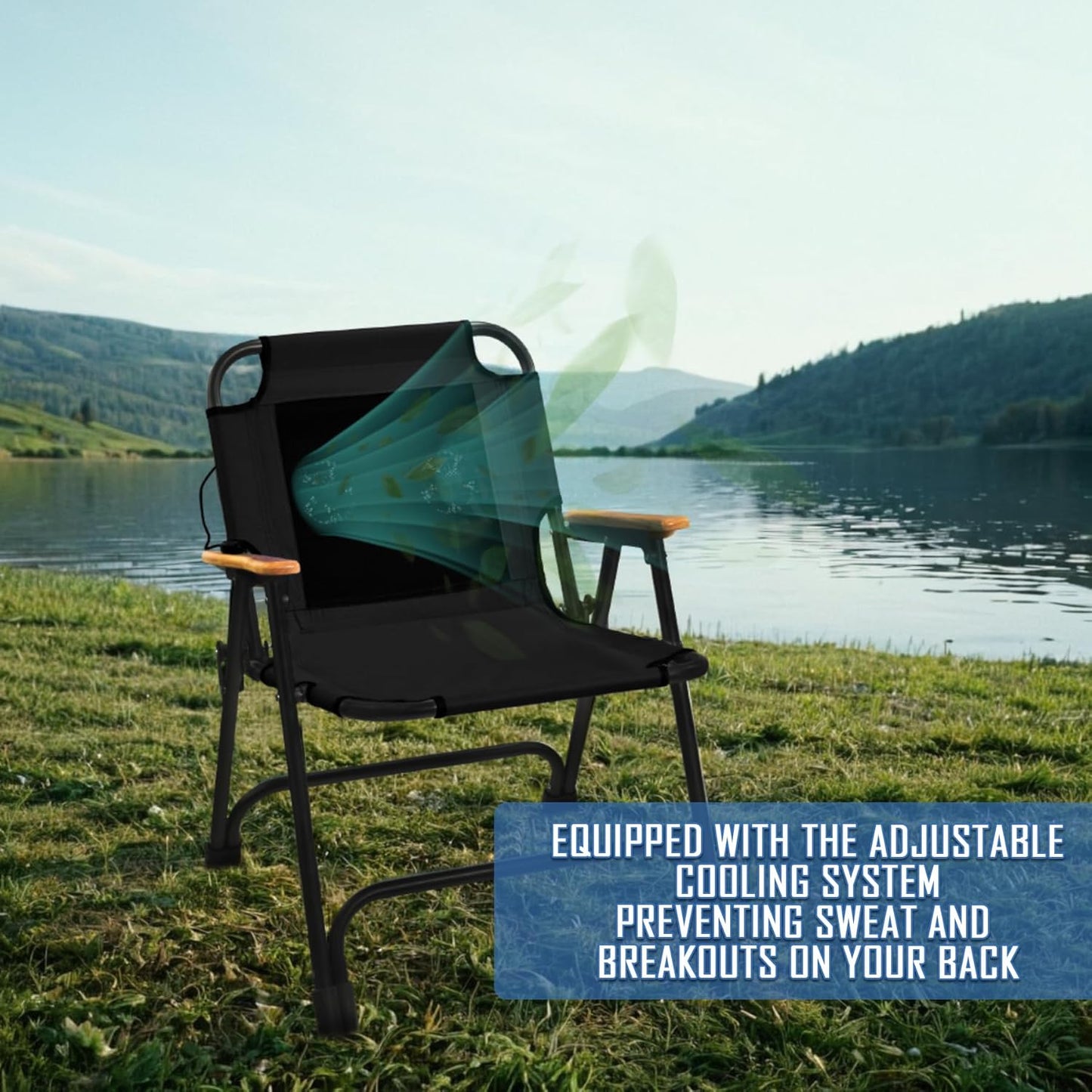 KNINE OUTDOORS Foldable Beach Chair Camping Chair with Fan, with USB-Powered Cooling System, for Camp, Beach, Fishing (Black)