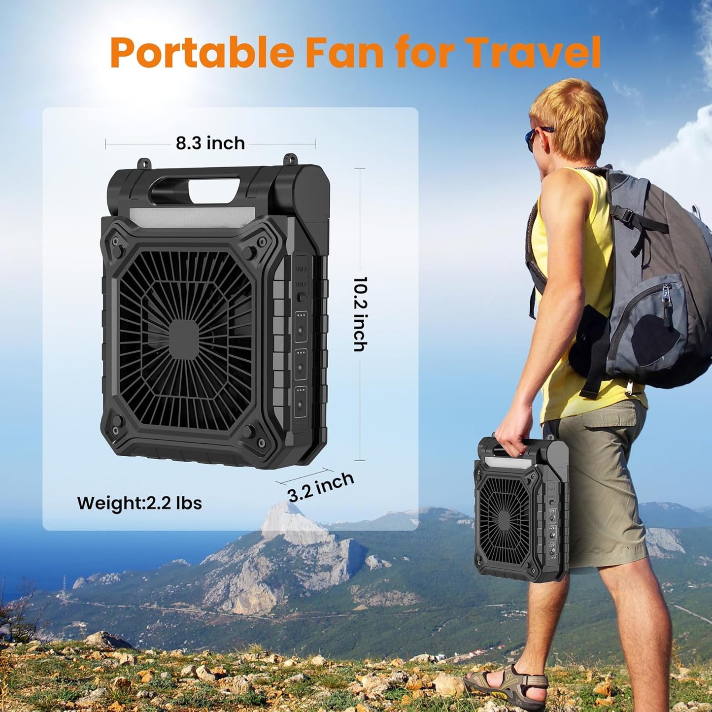 KITWLEMEN 10 Inch Solar Camping Fan with Light- Rechargeable Battery Operated Fan, 19H Run Time, 3 Speed, 6H Timer, SOS Signal, Portable Desk Fan for Camping Fishing RV Trips Hurricane Power Outage