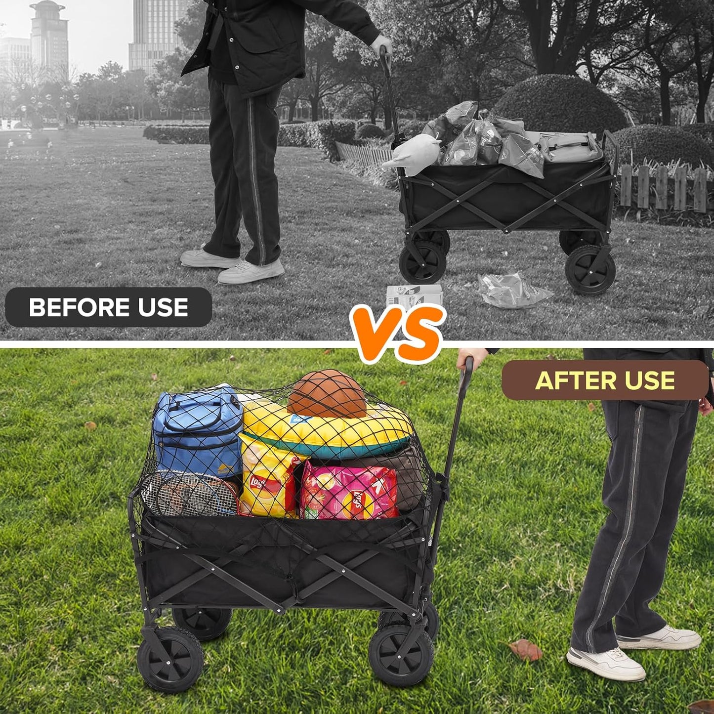 Kaskawise Cargo Net for Collapsible Foldable Wagon, Beach Cart, Garden Cart - Elastic Heavy Duty Nylon Cover With 6 Hooks - Outdoor Accessories (43.3"27.6", Black)