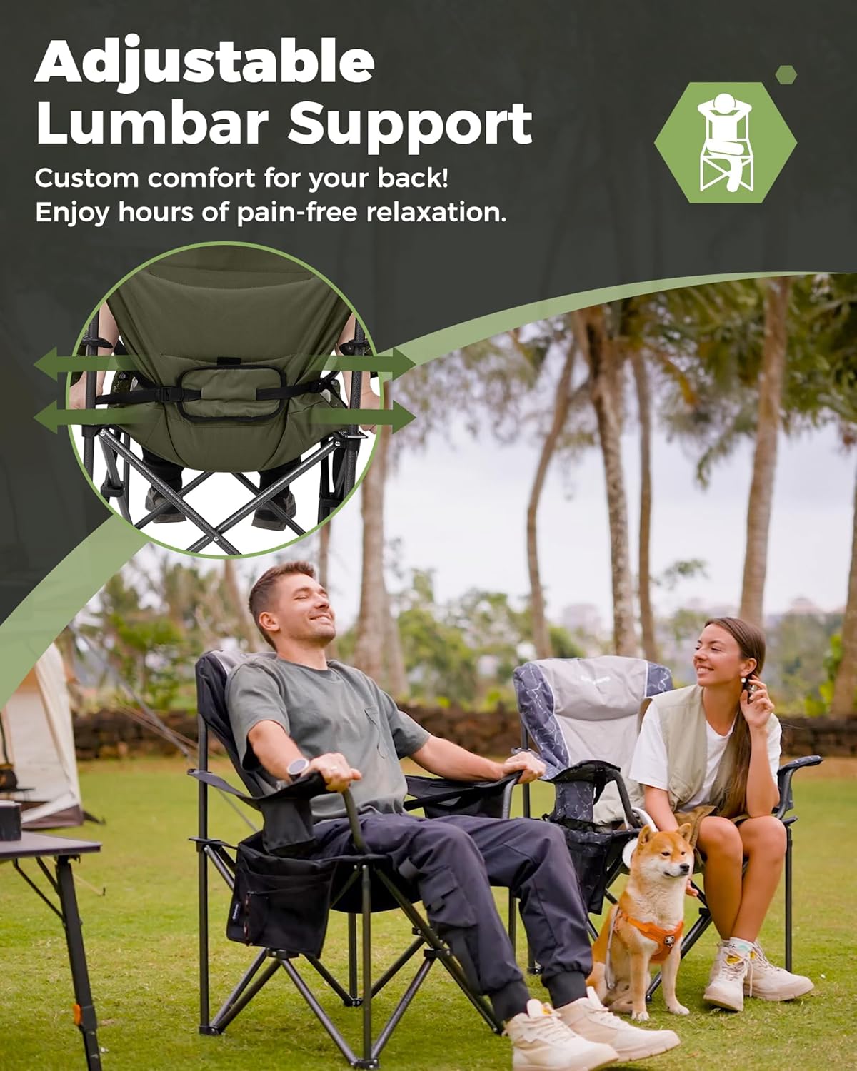 KingCamp Oversized Camping Folding Chair, Heavy Duty 450 LBS with Lumbar Support, Padded seat with Cup Holder&Cooler Bag, Ideal for Camp, Fishing, Sports Event, Backyard, Patio, Lawn (Lava Green)