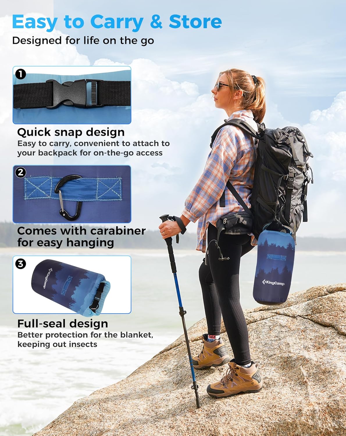 KingCamp Ultralight Camping Blanket, Packable Down Alternative Puffy Printed Wearable Blanket with Snap Buttons & Corner Loops Weatherproof Quilt for Outdoor Travel Stadium (79" x 57", Forest)