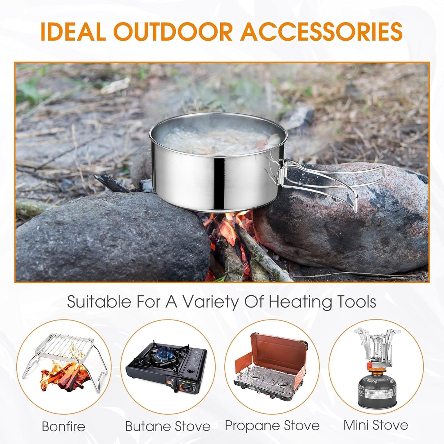 14 Piece Camp Cooking Set, Stainless Steel Camping Cookware with Pot and Pan Kit 2 Set Stainless Steel Cups Plates Forks Knives Spoons for Camping, Backpacking, Outdoor Cooking and Picnic