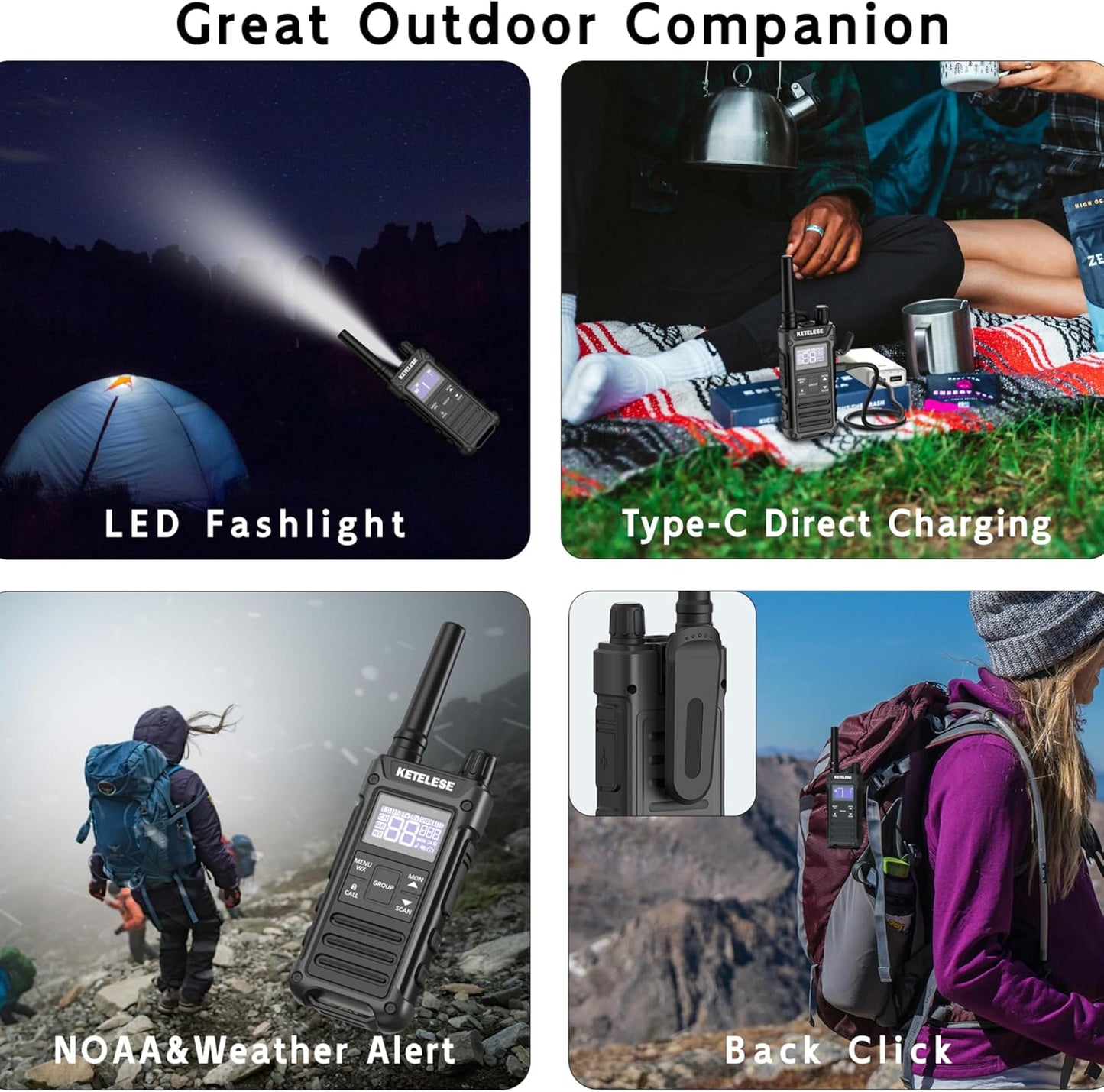 KETELESE T3G Heavy Duty Walkie Talkies, IP67 Waterproof Two Way Radio with Earpiece, Triple Proof, Three Charging Options, USB, NOAA, Emergency GMRS 2 Way radios(6 Pack), Black/Grey