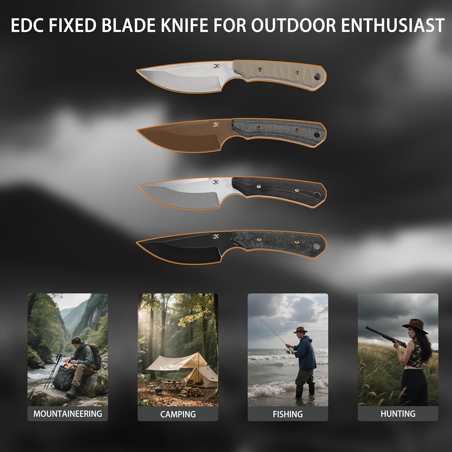 KANSPET Flank Fixed Blade Knife, 3.69" Rose Gold Coated Sharp D2, Black Micarta Ergonomics Handle, Adjustable Kydex Sheath for EDC Hunting Survival Camping G006A3