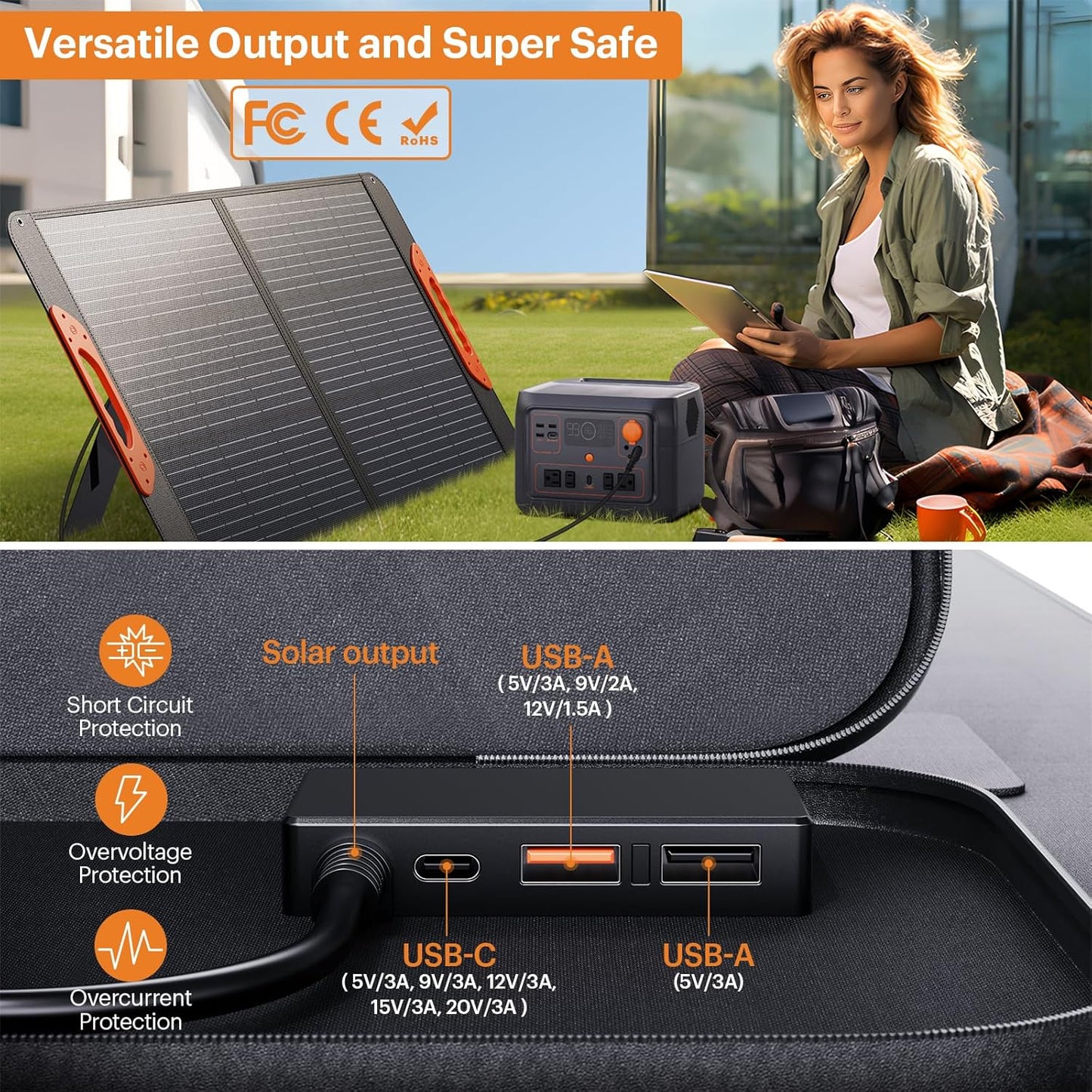 100W Portable Solar Panel,RV Essentials, 20V ETFE Foldable Solar Charger for Power Station,QC3.0 USB-A &Type-C Output,23.5% High Efficiency IP67 Waterproof for Camping RV Hurricane