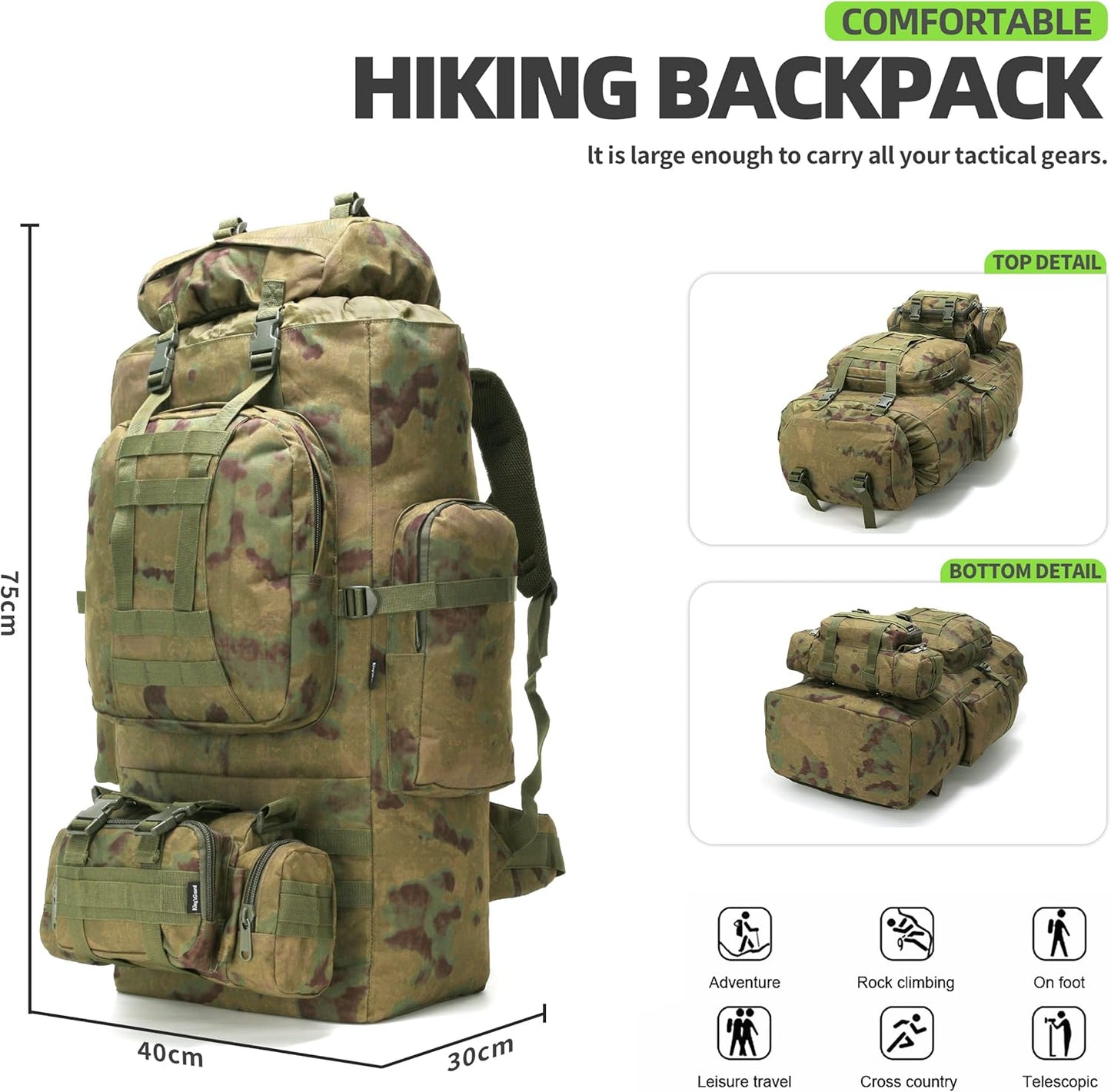 King'sGuard 100L Camping Hiking Backpack Molle Rucksack Military Camping Backpacking Daypack