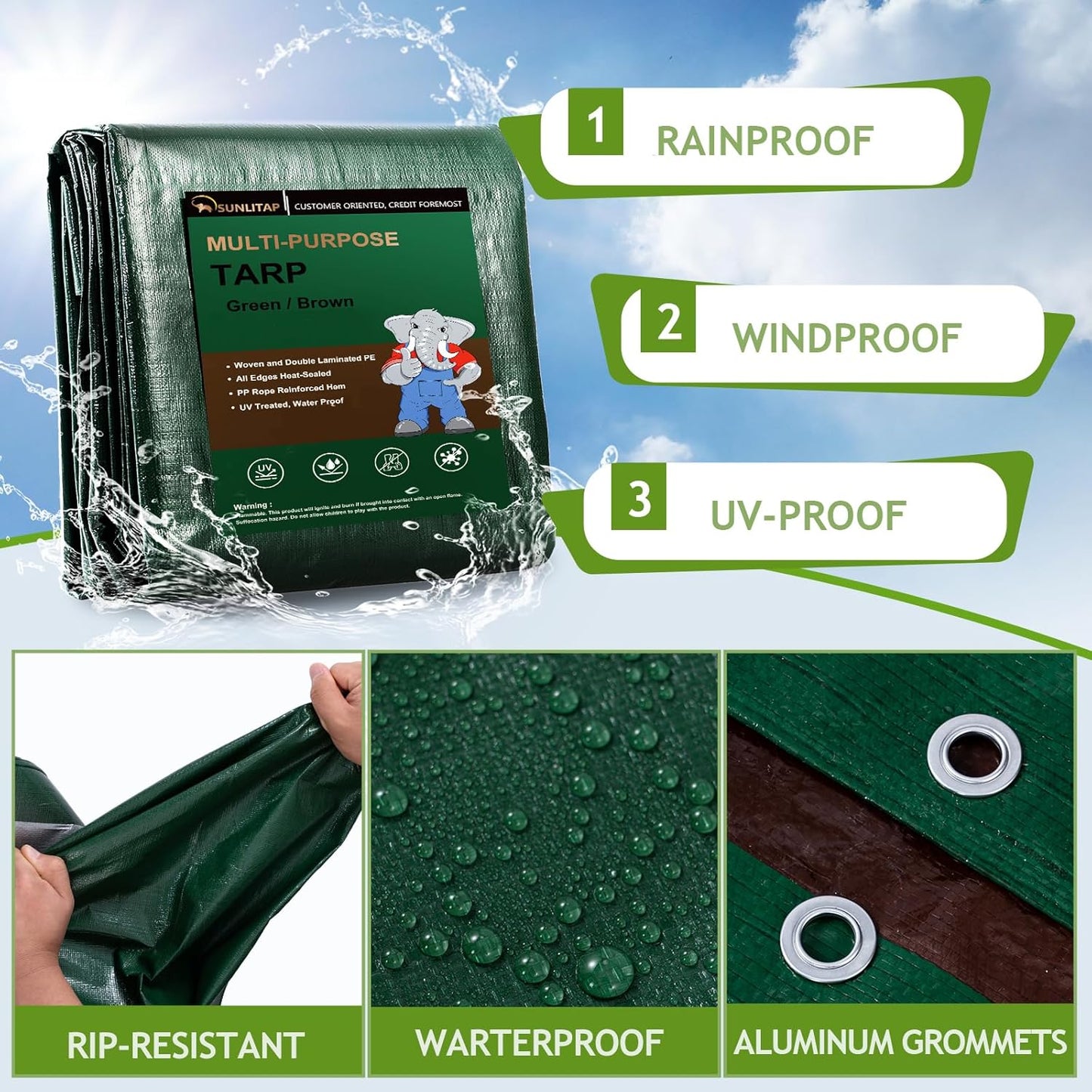 16x20Ft Tarp Cover 5 MIL Waterproof Poly Tarps, Light Duty Tarpaulin with Grommets, Reinforced Edges, Rip & Tear Proof, Multipurpose Finished Size Tarp for Cars, Boat, Roof, Camping - Green