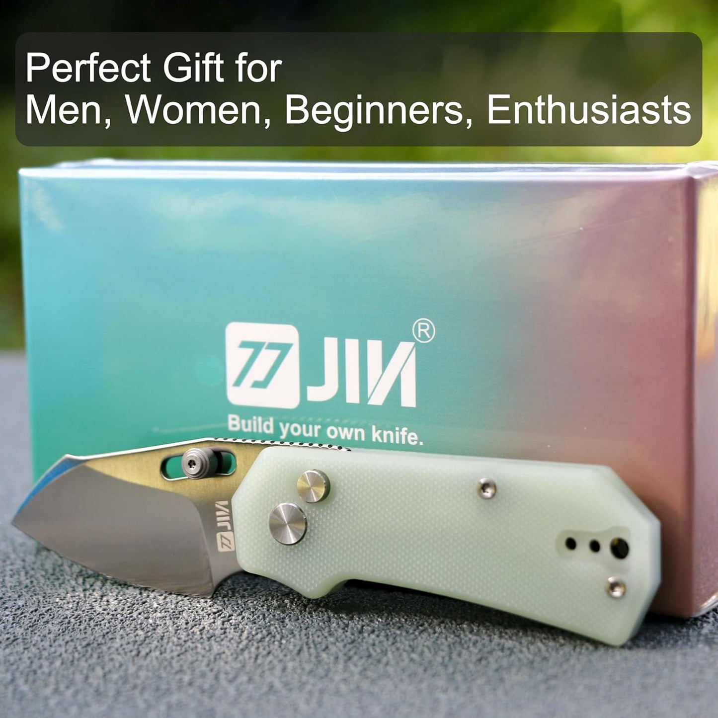 JIN Rhino Small Pocket Knife for Men, Button Lock EDC, Folding Knife Kit, 2" 9Cr18Mov Satin Blade, Jade G10 Handle, Gift for Men Women, Razor Sharp Camping Knives
