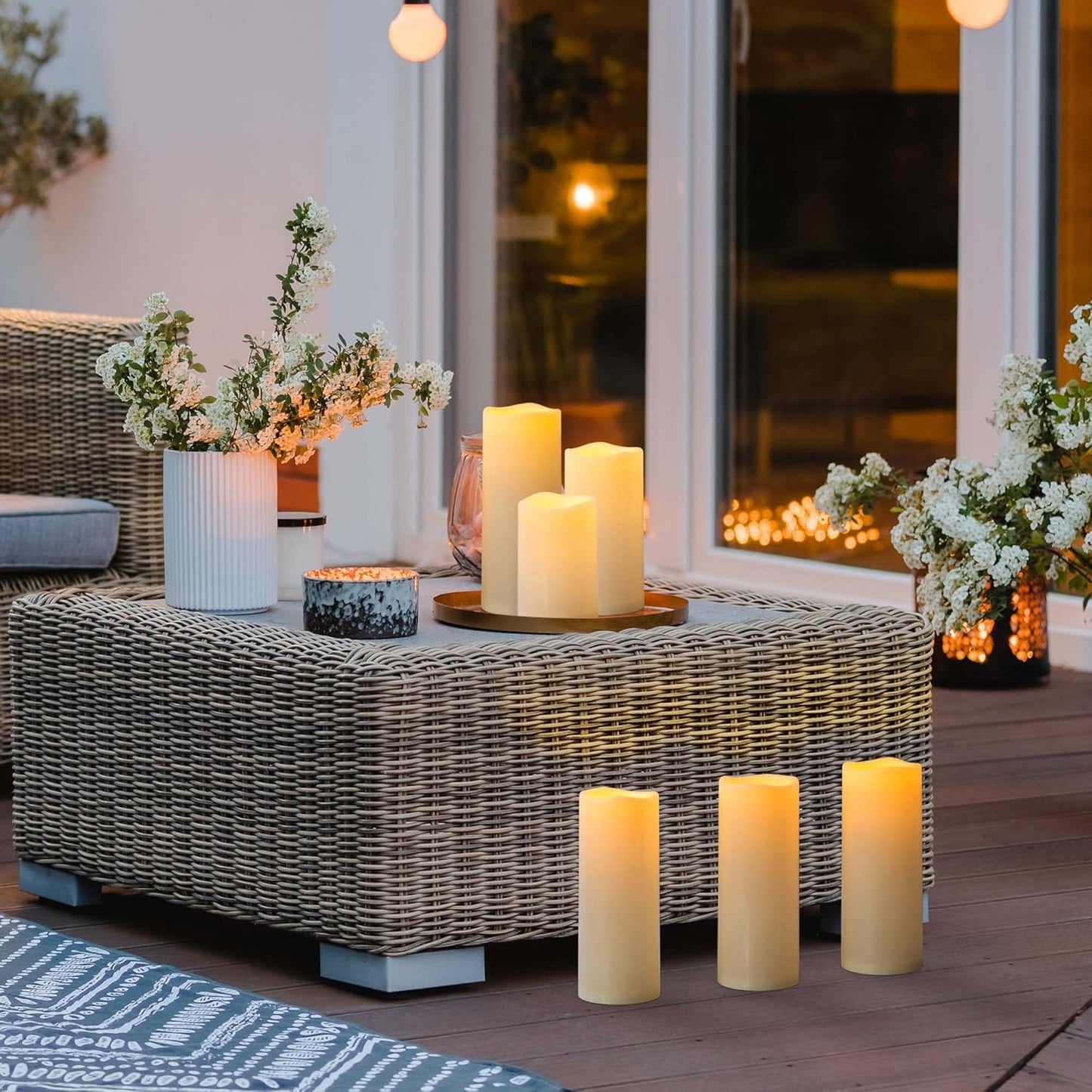 12" x 5" Waterproof Extra Large Outdoor Flameless Candles Battery Operated LED Flickering Pillar Candles with Remote for Indoor Outdoor Lanterns, Long Lasting, Ivory White Large, Set of 2