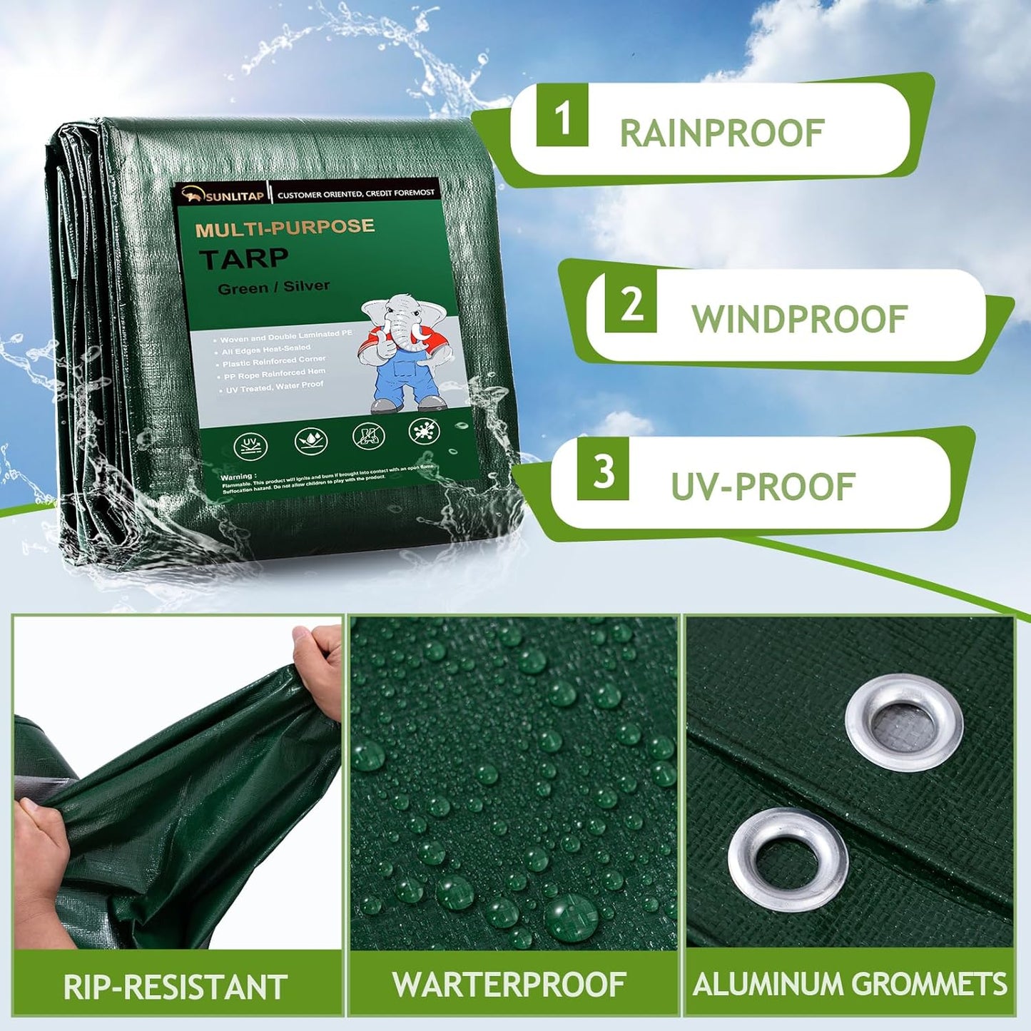 10 Mil Heavy Duty Waterproof Tarps, 10x20 Ft Finished Size Tarps, Premium Tarp with Metal Grommets & Reinforced Edge, Multipurpose Thick Poly Tarp for Car, Boat, Roof, Camping - Green