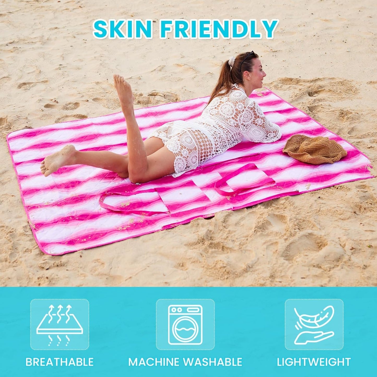 #WEJOY 3 in 1 Outdoor Picnic Blanket, Padded 5 Layers Beach Blanket, 80x60'', 4 Person, Easy to Fold, Waterproof for Lawn,Camping, Park (Pink)