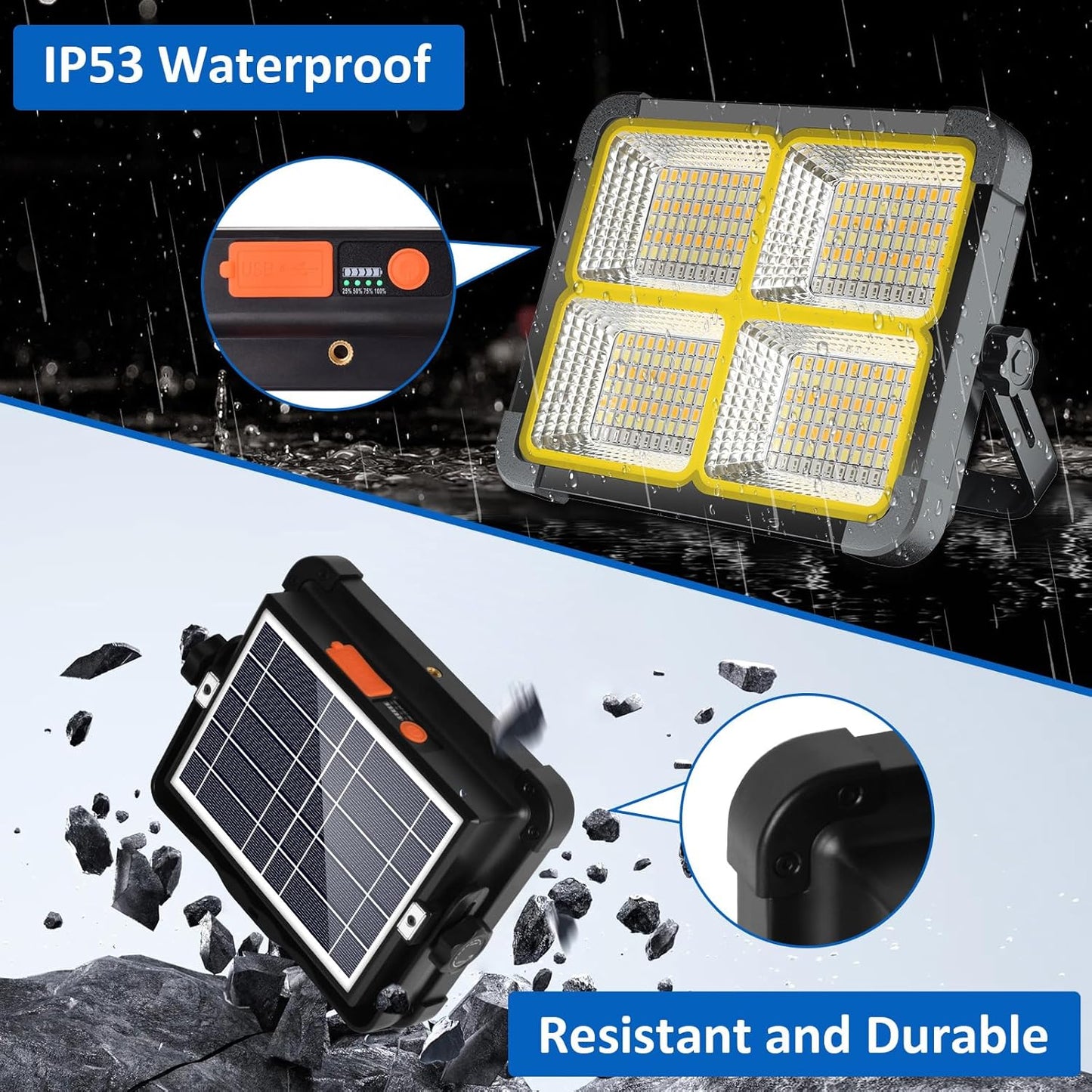 100W Rechargeable Work Light, 12000mAh Solar Work Light, 336 LEDs Flood Light, 4 Lighting Modes/Stepless Dimming, Portable for Camping, Car Repair, Power Cut