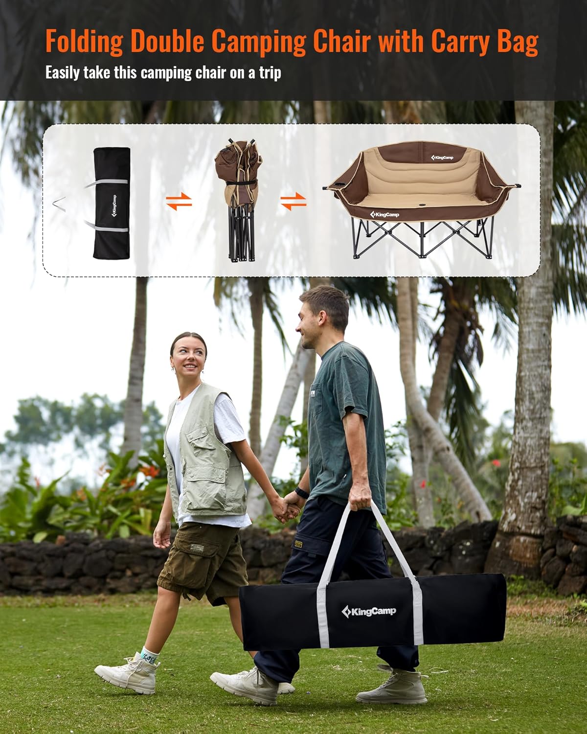 KingCamp Double Camping Chair, Oversized 660lbs Heavy Duty Loveseat for Adults Portable Folding XL 2 Person Couch Padded Comfortable Two Seat with Cup Holder for Outdoor Lawn Backyard, Khaki/Coffee