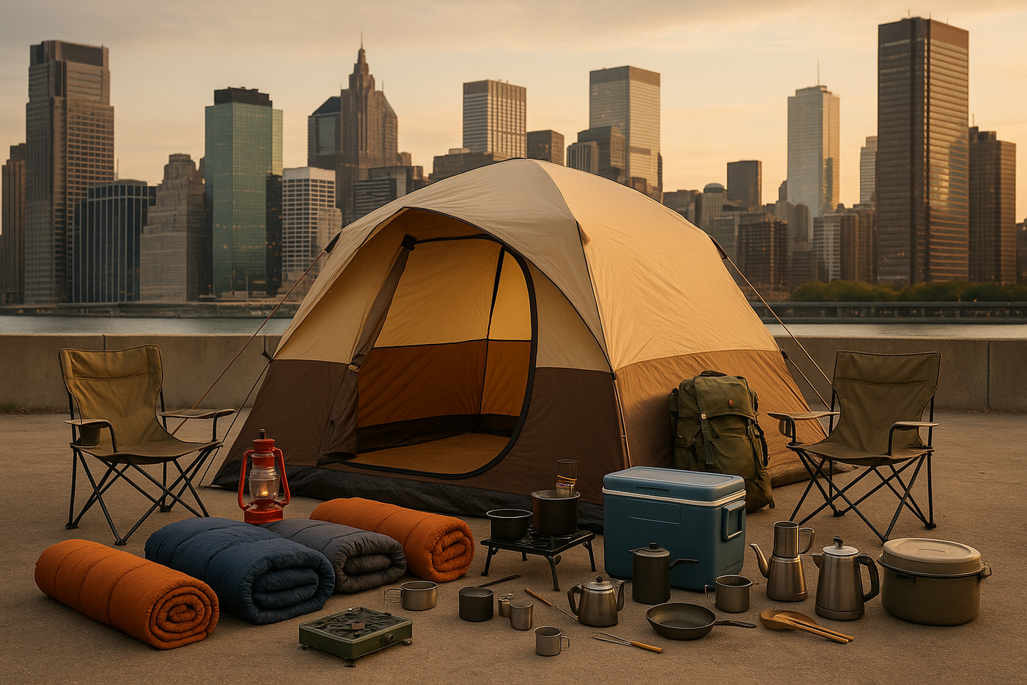 메인사진을 도심에서 더 큰 텐트로 여러장비를 나오게해서 만들어줘