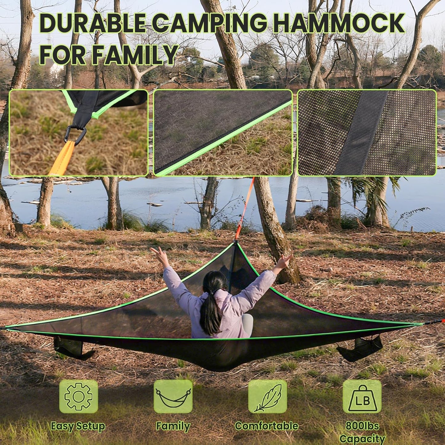 10ft Triangle Hammock Tent for Camping - Extra Large 1100lb Capacity, w/Ratchet Straps & Storage | Quick-Dry Portable Hammock for Adults, Family