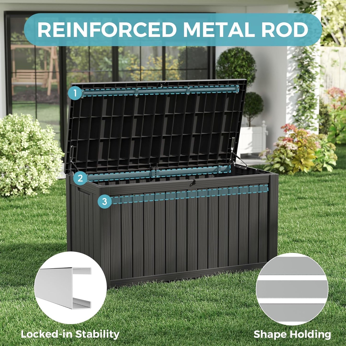 KAMABOKO Outdoor Storage Box, 150 Gallon Large Outdoor Resin Deck Box, Storage Waterproof Boxes Lockable Lid for Garden Tools, Pool Supplies, Patio Furniture and Cushions, Black