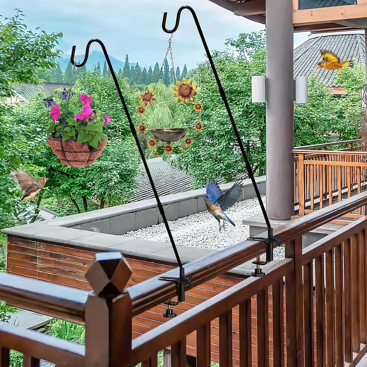 Juegoal 2 Pack Heavy Duty Deck Hook with 2 Inch Non Slip Clamp, 25 to 36 Inch Extended Reach Deck Hook, Adjustable Rail Pole Plant Bracket for Hanging Bird Feeder, Suet Baskets, Lanterns, Wind Chimes