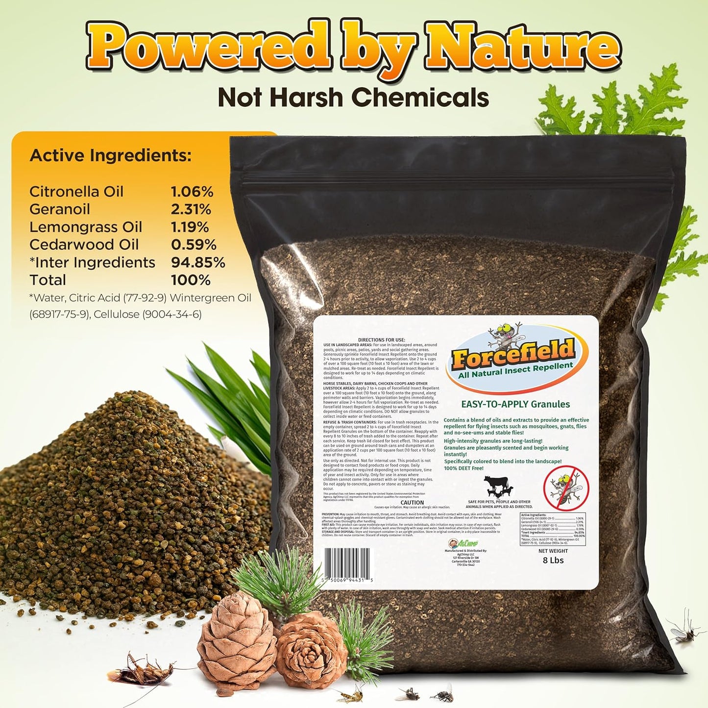 ForceField Natural Flea, Tick, Mosquito Yard Treatment - Repellent Granules for Backyard Mosquito Control | Pet Safe, DEET-Free Outdoor Control | Long-Lasting Barrier for Lawns, Patios, & Barns 8 LB