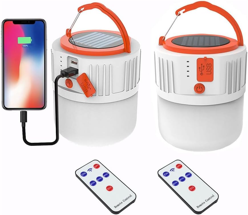 100W Solar Camping Lights Portable Rechargeable Lantern Hooked Hanging Tent Lamp Remote Battery Bulbs Outdoor 5000mah 5 Modes Waterproof for Power Outages Canopy Vendors Gathering Emergency 2 Pack