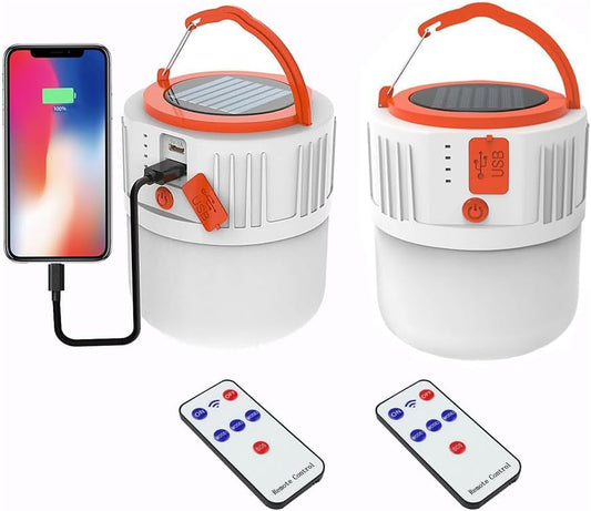 100W Solar Camping Lights Portable Rechargeable Lantern Hooked Hanging Tent Lamp Remote Battery Bulbs Outdoor 5000mah 5 Modes Waterproof for Power Outages Canopy Vendors Gathering Emergency 2 Pack