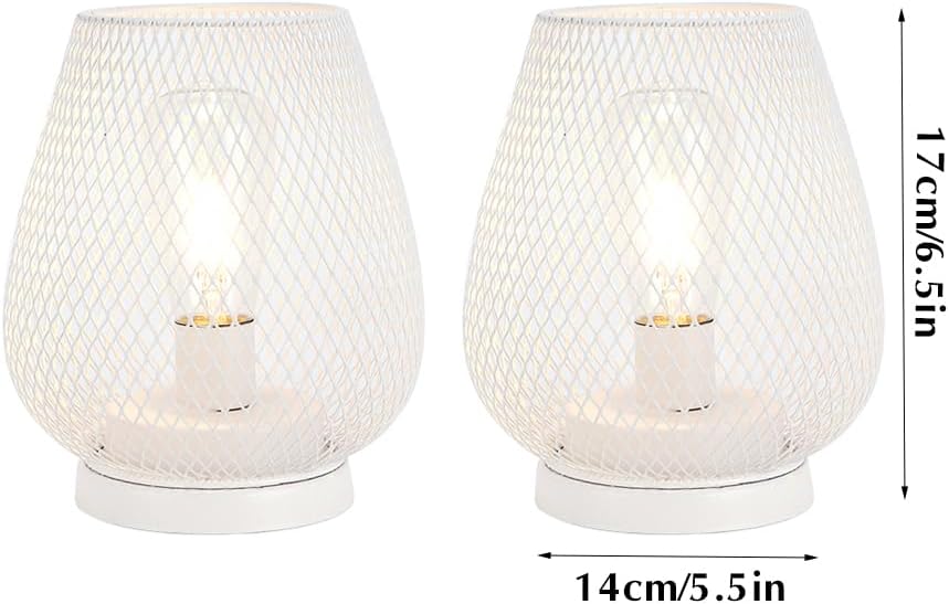 JHY DESIGN Set of 2 Metal Cage LED Lanterns Battery Powered Cordless Accent Light with LED Great for Weddings Parties Patio Events for Indoors Outdoors(White)