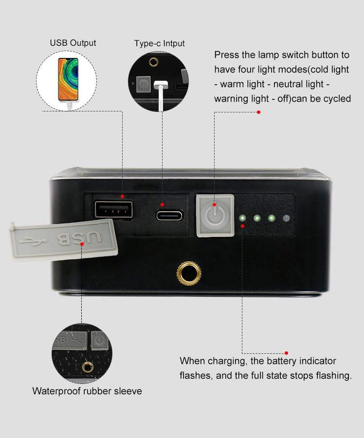 1 PCS Portable LED Camping Light, Solar Charging,USB Rechargeable Light, Black, 500 Lumen, Waterproof, Modern Style, Outdoor Use