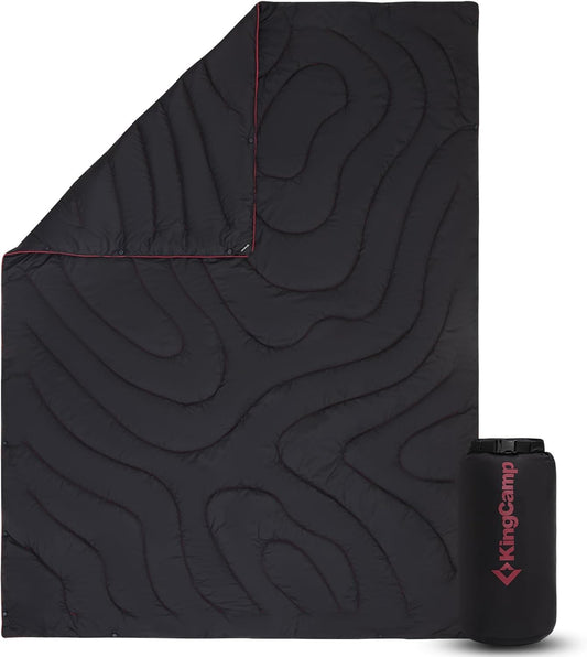 KingCamp Ultralight Camping Blanket, Packable Down Alternative Puffy Wearable Blankets Weatherproof Warm Package Quilt with Snap Buttons & Corner Loops for Outdoor Travel Stadium (69"L x 53"W, BLACK)