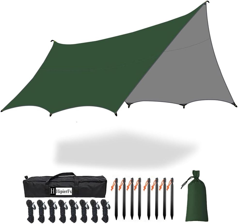 16x16 ft Large Camping Tarp Waterproof Hammock Rain Fly Camping Awning Sun Shelter (Without Pole) (Green)