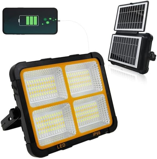 150W Portable Rechargable Dual Solar Panel LED Work Light with 5 Modes, 10000LM 21600mAh IP66 Waterproof Outdoor Flood Light