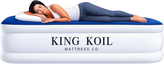 King Koil Premium California King Size Air Mattress with Built-in Pillow & Patented High-Speed Built in Pump, 20" King Size Premium Double High Airbed for Home, Camping & Guests, 1-Year Warranty