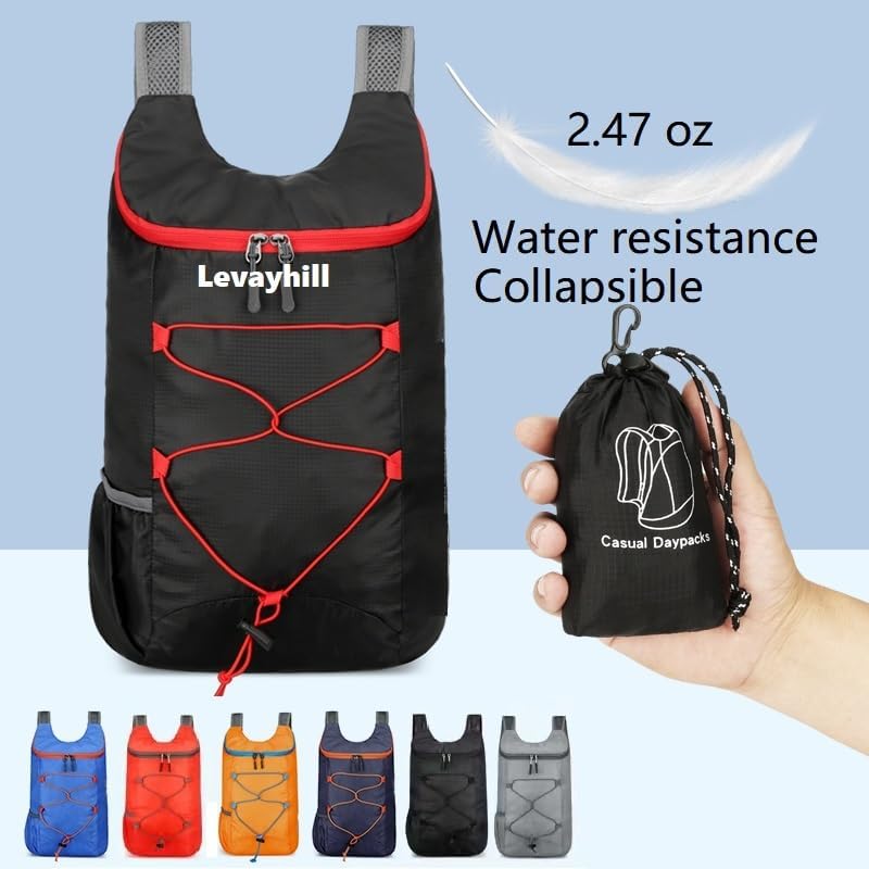 16L Lightweight Foldable Hiking-Backpack Small Packable-Daypack For Travel,Ultralight Water-Resistant Gym Bag Men Women Easy Carry-on (Black+Red)