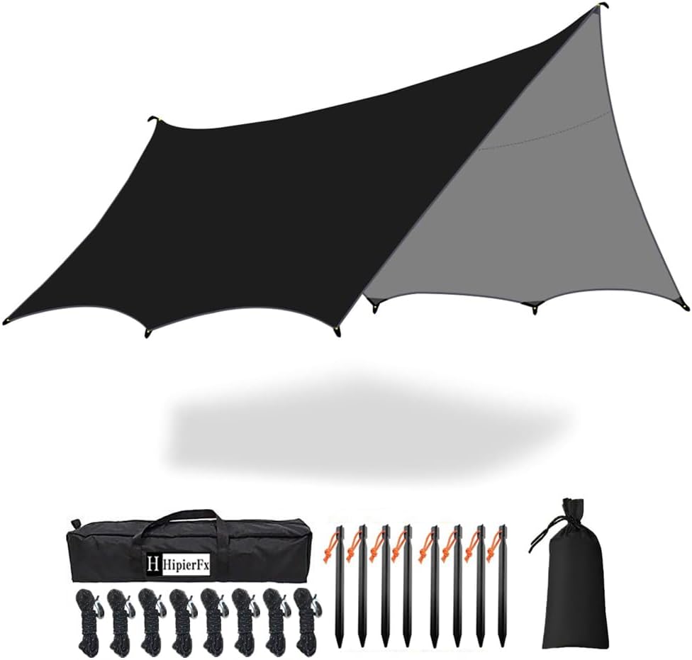 16x16 ft Large Camping Tarp Waterproof Hammock Rain Fly Camping Awning Sun Shelter (Without Pole) (Black)