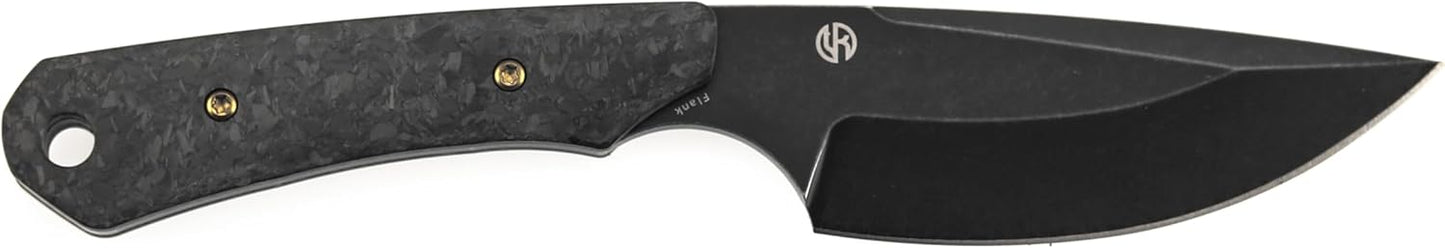 KANSPET Flank Fixed Blade Knife, 3.69" Black Stonewashed Sharp D2 and Shred Carbon Fiber Ergonomics Handle, Adjustable Kydex Sheath for EDC Hunting Survival Camping G006A1
