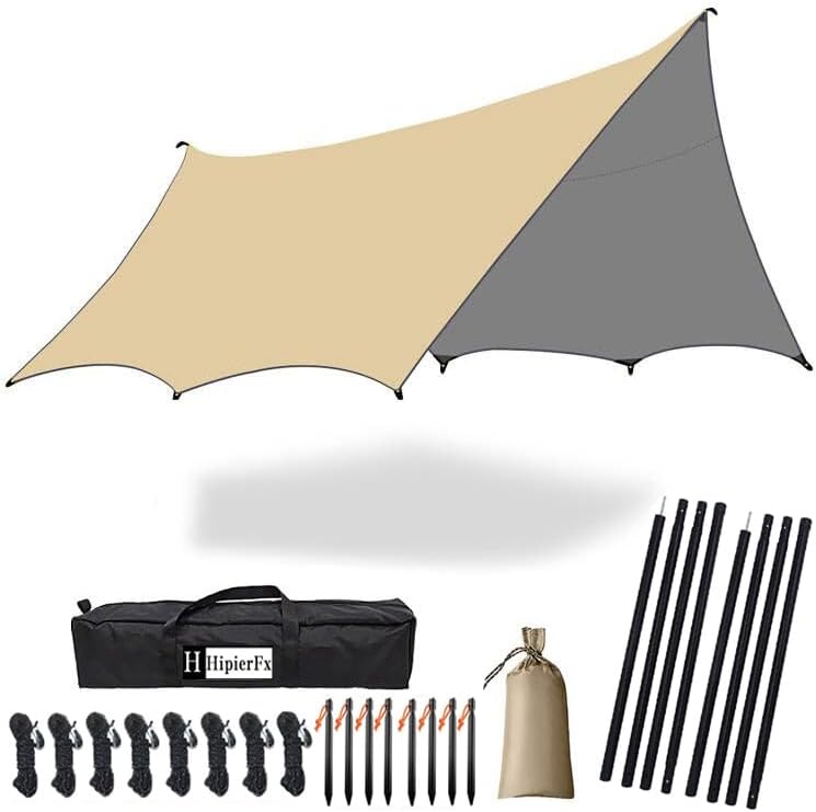 16x16 ft Large Camping Tarp Waterproof Hammock Rain Fly Camping Awning Khaki (Including Poles)