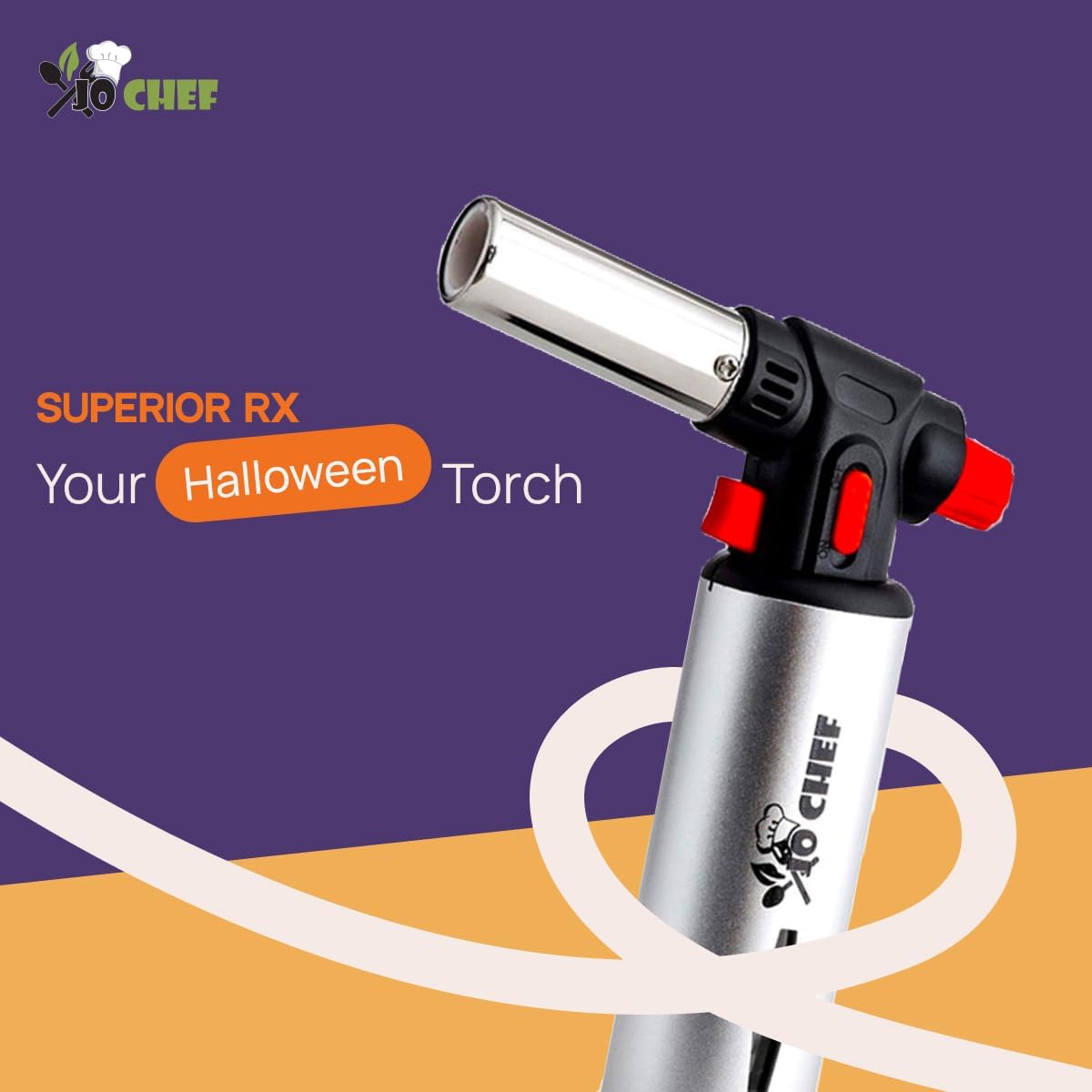 Jo Chef Kitchen Torch with Butane Included – Refillable Lighter with Safety Lock & Adjustable Flame, Blow Culinary Torch for Cooking, BBQ, Creme Brulee, DIY and Soldering - 5 Cans (3.38oz) Included