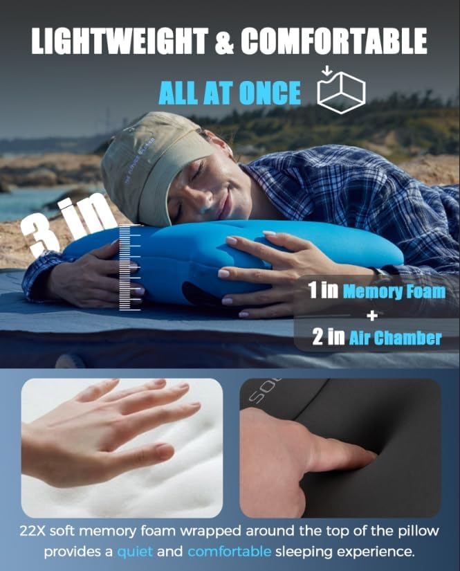 KingCamp Inflatable Pillow for Camping, Extra Large Camping Pillow, Portable Ergonomic Air Pillow with Removable Washable Memory Foam Cover for Camp, Hiking, Car, Beach, Travel