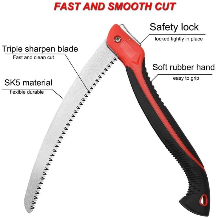 12 Inch Heavy Duty Pruning Saw, Folding Hand Saw with SK5 Curved Blade, Triple-cut Razor Teeth Used for Trees Wood Cutting Camping Gardening Work, Hiking, Landscaping, Tree Trimming