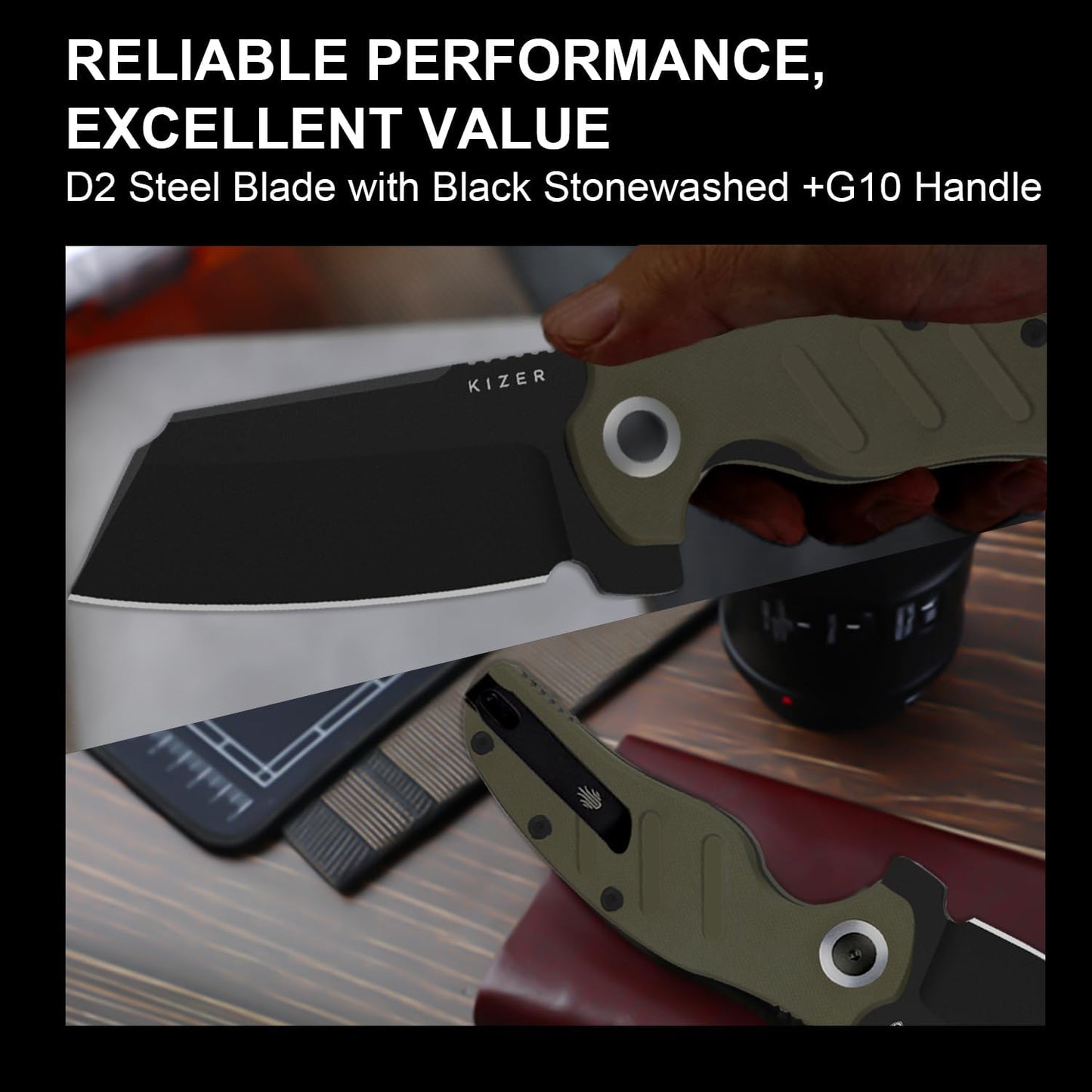 Kizer C01C XL Sheepdog Pocket Knife, 3.9" D2 Sheepsfoot Blade EDC Folding Knife with Green G10 Handle, Liner Lock, Flipper, and Pocket Clip, Camping Survival Knives for Men Women, V5488M1