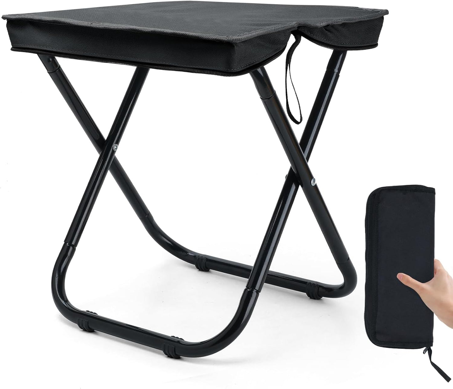 16" Foldable Portable Camping Stool Heavy Duty 350lbs for Adults, Lightweight Travel Stool with Carry Bag, Black